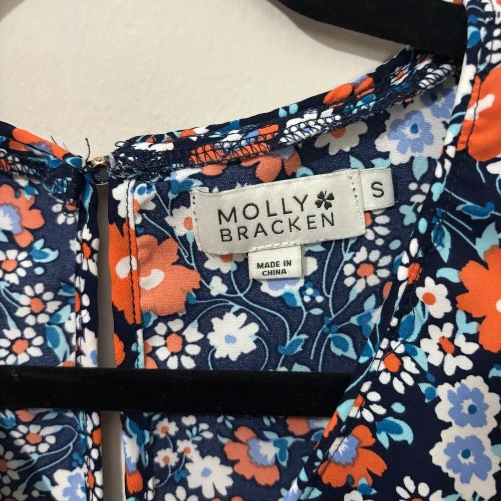 Molly Bracken Orange‎ and Blue Sleeveless Blouse V Neck Floral